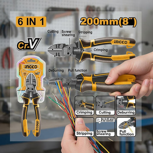 Multifunctional pliers with Cr-V blade on a blurred workshop background