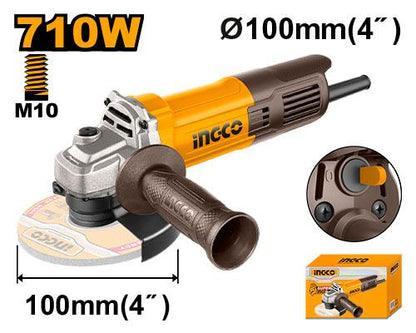INGCO AG71182 100 mm 710W Angle Grinder Compact for Cutting, Grinding, and Polishing, 12000 RPM