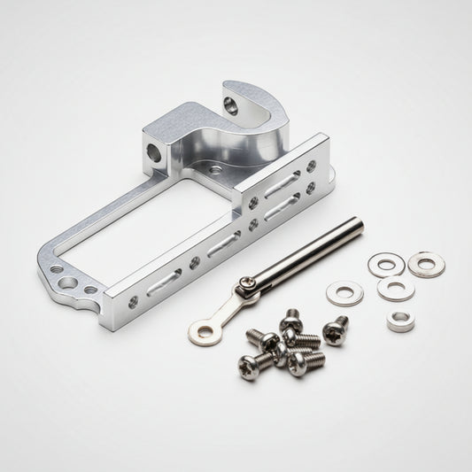 A silver air drop rack kit without servo, including a metal frame and a set of screws and bolts for assembly.