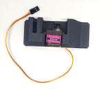 A black servo dispenser air drop rack kit with an attached orange wire and a MG90 servo motor.