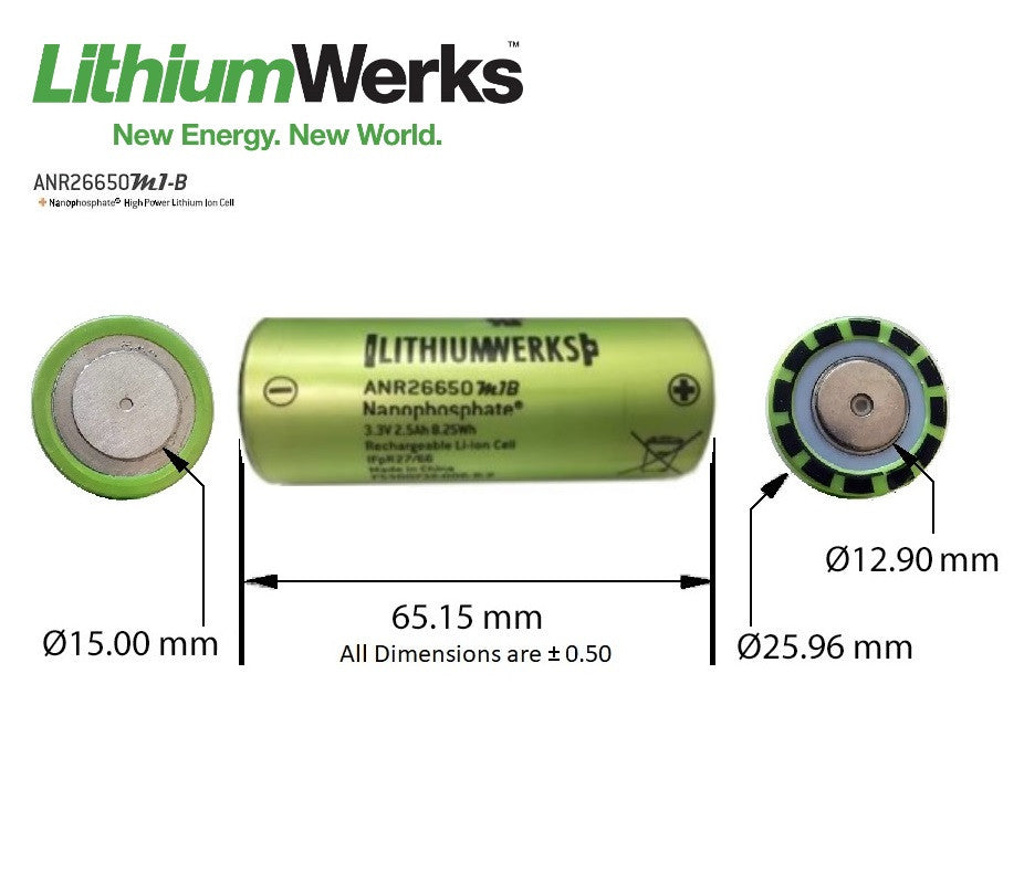 Lithium Werks ANR26650M1B 3.3 V 2.6 Ah Lithium Iron Phosphate (LiFePO4) 26650 Battery