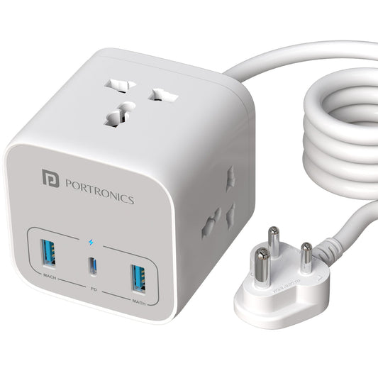 Portronics POR 2846 20W Volt 20 High Speed Smart Desktop Charger with 3M Copper Cable, Type C PD Port, 2 USB Mach Port, 3 AC Power Socket, Compatible with Laptop,Smartphones,iPhones,Tablet,Power Bank(White)