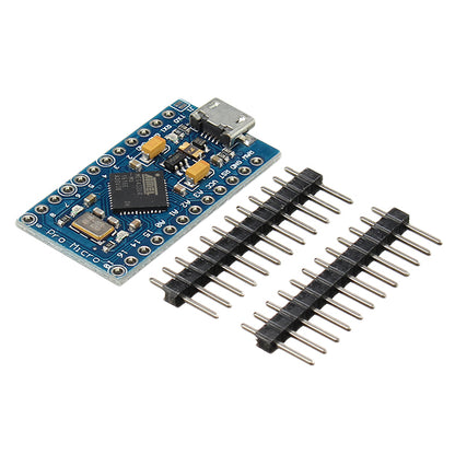 Microcontroller board with headers on a white background
