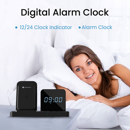 Portronics POR-2119 BELLA 3-in-1 fast wireless charging station integrated with a digital alarm clock (Black)