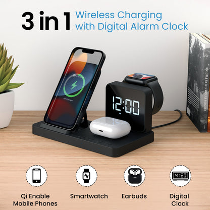 Portronics POR-2119 BELLA 3-in-1 fast wireless charging station integrated with a digital alarm clock (Black)