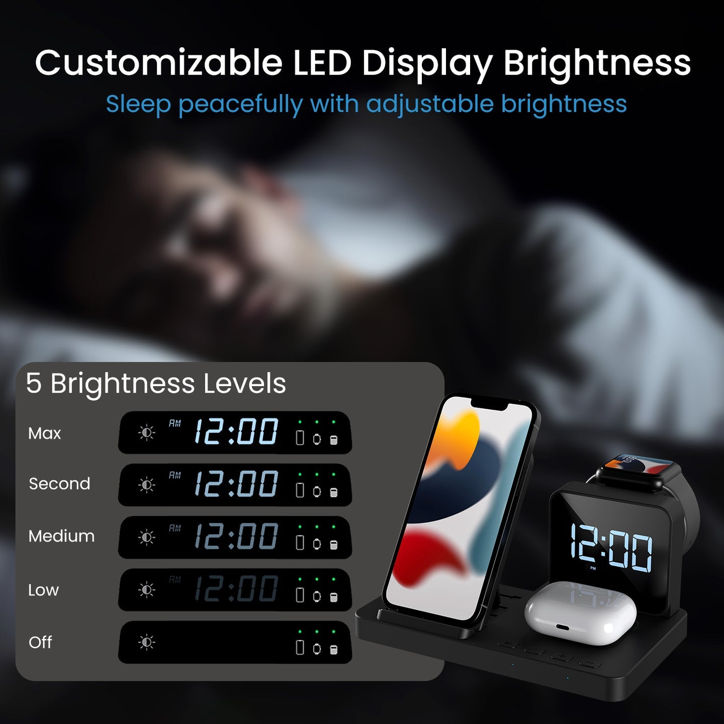 Portronics POR-2119 BELLA 3-in-1 fast wireless charging station integrated with a digital alarm clock (Black)