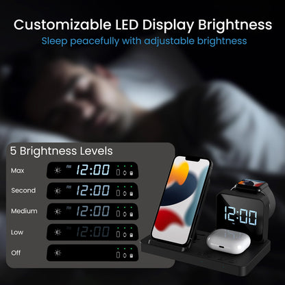 Portronics POR-2119 BELLA 3-in-1 fast wireless charging station integrated with a digital alarm clock (Black)