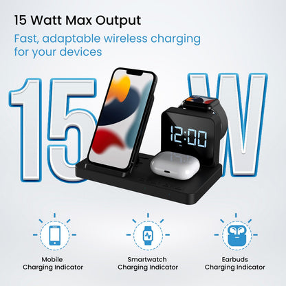 Portronics POR-2119 BELLA 3-in-1 fast wireless charging station integrated with a digital alarm clock (Black)