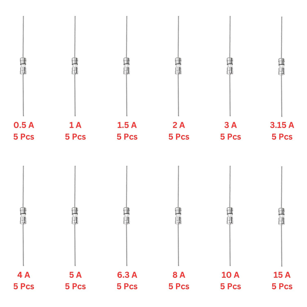 Elepak EP21 3.6x10mm Axial Glass Fuse Fast Blow Pak 0.1A to 20A 60 Pcs 12 Values