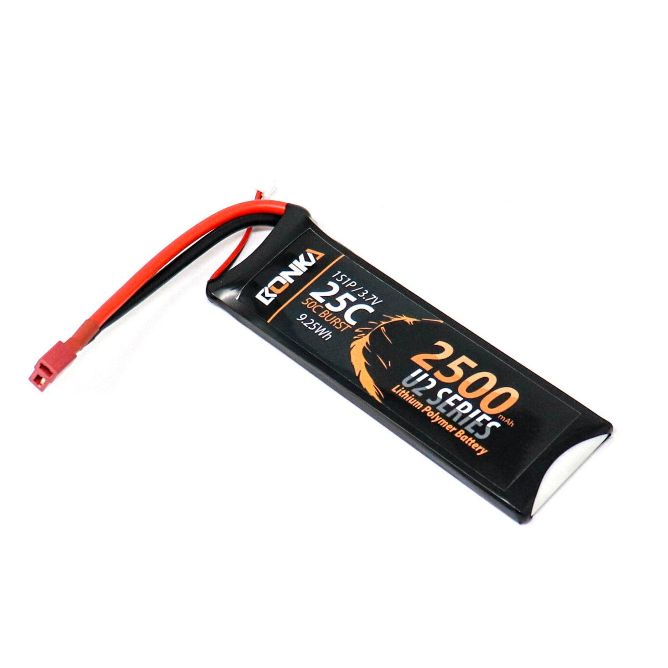 Black battery pack with red connector on a white background