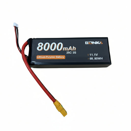 Lithium polymer battery with 8000mAh capacity on a wooden surface