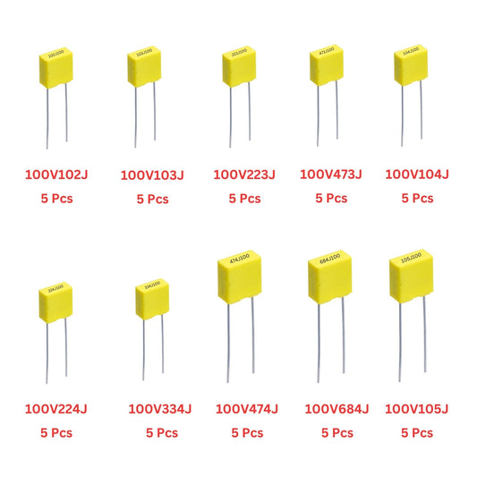 Elepak 5mm Box Capacitor 100V Pak 1KpF to 1µF 50 Pcs 10 Values