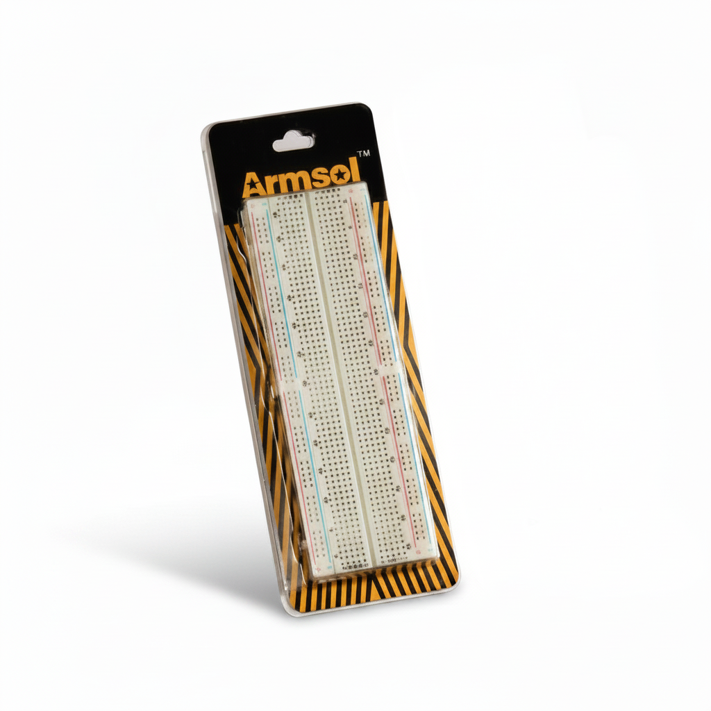 Two packaged Armsol solderless breadboards shown on a clean white studio background. One breadboard is in its retail blister packaging with a black, yellow, and orange design, and the other is in a clear plastic package showing the white breadboard inside.