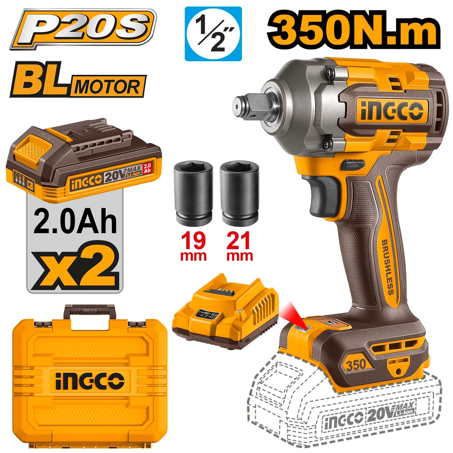 Ingco CIWLI2035 20V Cordless Brushless Impact Wrench | 1/2" Square Drive, 350Nm Torque, LED Work Light | with 2 Batteries & Charger, Carrying Case, 19/21mm Sockets