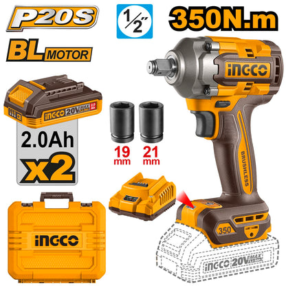 Ingco CIWLI2035 20V Cordless Brushless Impact Wrench | 1/2" Square Drive, 350Nm Torque, LED Work Light | with 2 Batteries & Charger, Carrying Case, 19/21mm Sockets