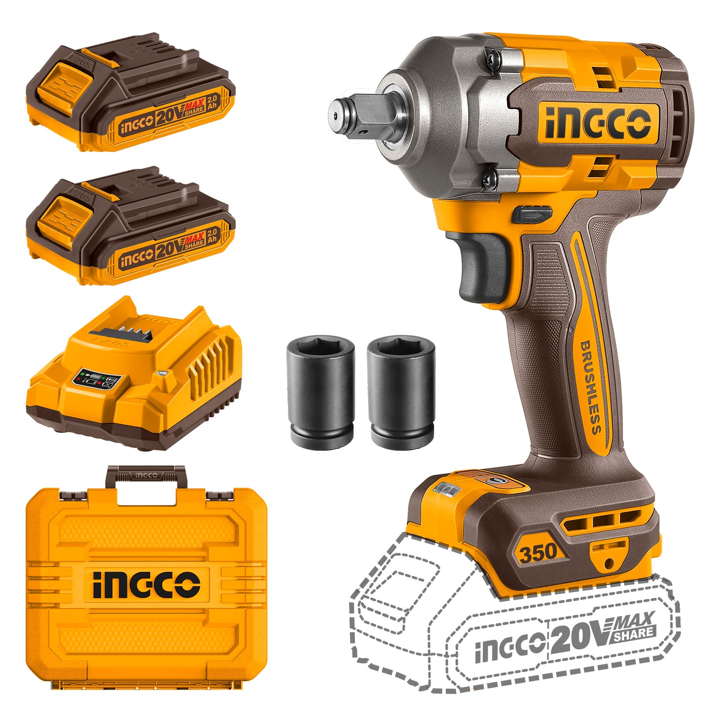 Ingco CIWLI2035 20V Cordless Brushless Impact Wrench | 1/2" Square Drive, 350Nm Torque, LED Work Light | with 2 Batteries & Charger, Carrying Case, 19/21mm Sockets