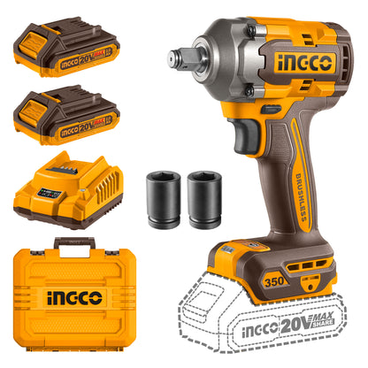 Ingco CIWLI2035 20V Cordless Brushless Impact Wrench | 1/2" Square Drive, 350Nm Torque, LED Work Light | with 2 Batteries & Charger, Carrying Case, 19/21mm Sockets