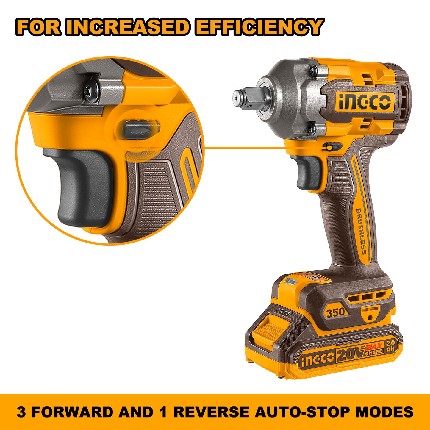 Ingco CIWLI2035 20V Cordless Brushless Impact Wrench | 1/2" Square Drive, 350Nm Torque, LED Work Light | with 2 Batteries & Charger, Carrying Case, 19/21mm Sockets