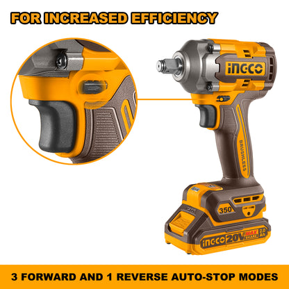 Ingco CIWLI2035 20V Cordless Brushless Impact Wrench | 1/2" Square Drive, 350Nm Torque, LED Work Light | with 2 Batteries & Charger, Carrying Case, 19/21mm Sockets