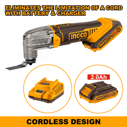 INGCO CMLI20228 Cordless Multi Tool, 6 Speed Adjustment, With Blades & Sanding Papers, With Battery & Charger