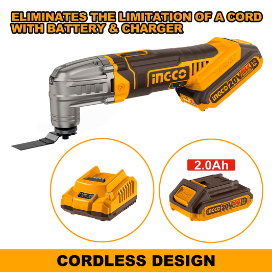 Ingco CMLI20228 Cordless Multi Tool, 6 Speed Adjustment, With Blades & Sanding Papers, With Battery & Charger