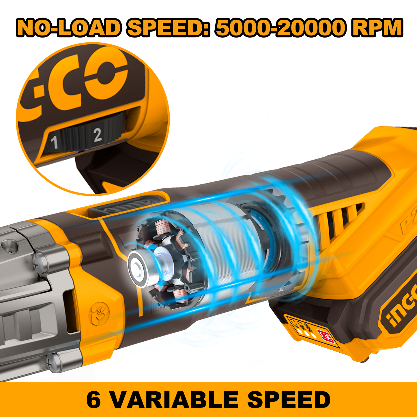 INGCO CMLI20228 Cordless Multi Tool, 6 Speed Adjustment, With Blades & Sanding Papers, With Battery & Charger