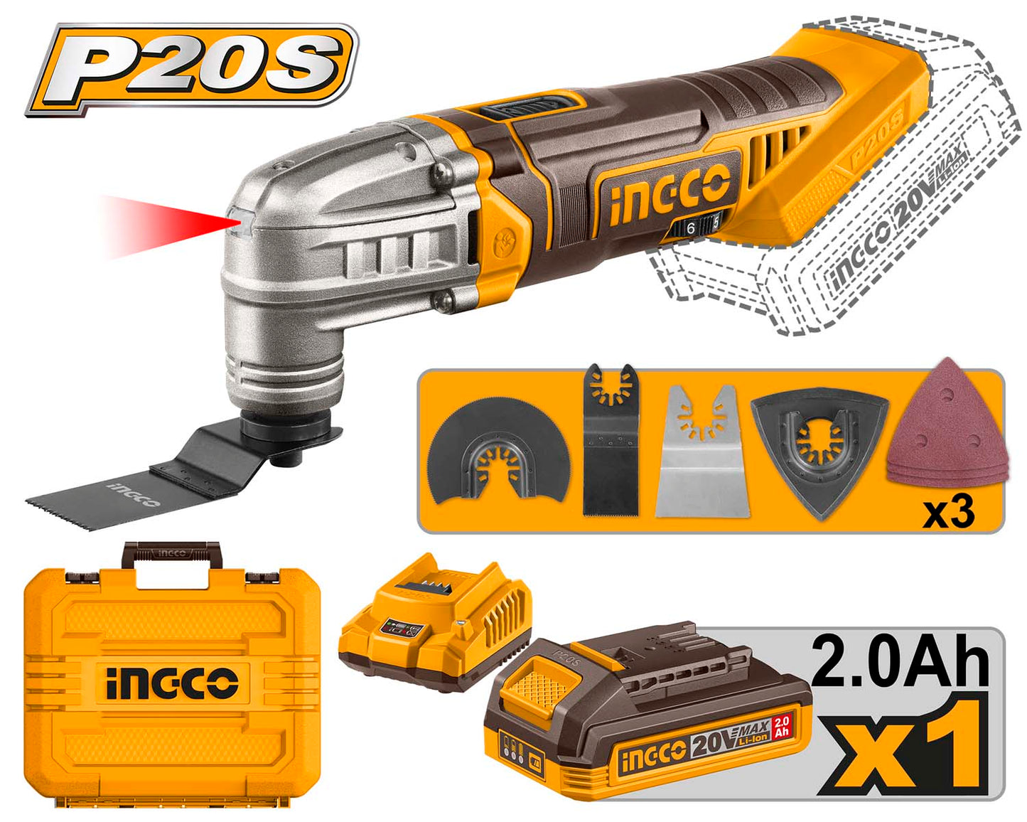 INGCO CMLI20228 Cordless Multi Tool, 6 Speed Adjustment, With Blades & Sanding Papers, With Battery & Charger