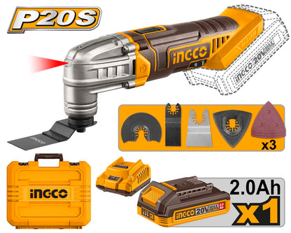 INGCO CMLI20228 Cordless Multi Tool, 6 Speed Adjustment, With Blades & Sanding Papers, With Battery & Charger