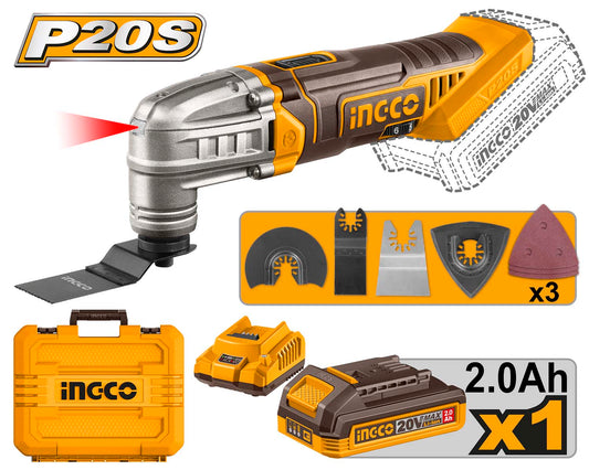 Ingco CMLI20228 Cordless Multi Tool, 6 Speed Adjustment, With Blades & Sanding Papers, With Battery & Charger