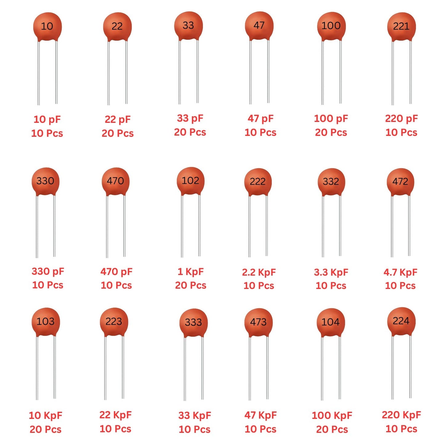Elepak EP7 Ceramic Disc Capacitor 50V Pak 10pF to 0.22µF 240 Pcs 18 Values