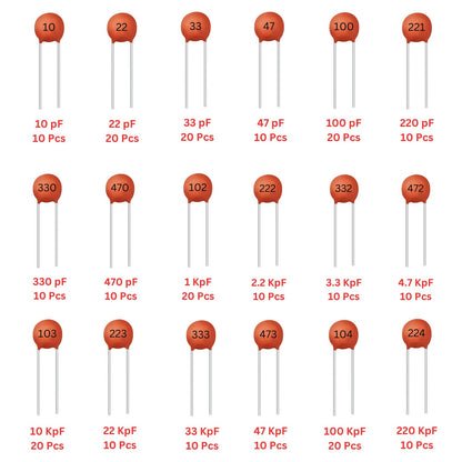 Elepak EP7 Ceramic Disc Capacitor 50V Pak 10pF to 0.22µF 240 Pcs 18 Values