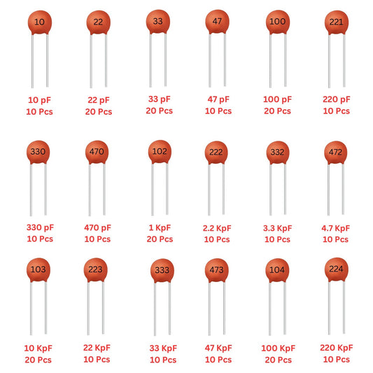 Elepak Ceramic Disc Capacitor 50V Pak 10pF to 0.22µF 240 Pcs 18 Values