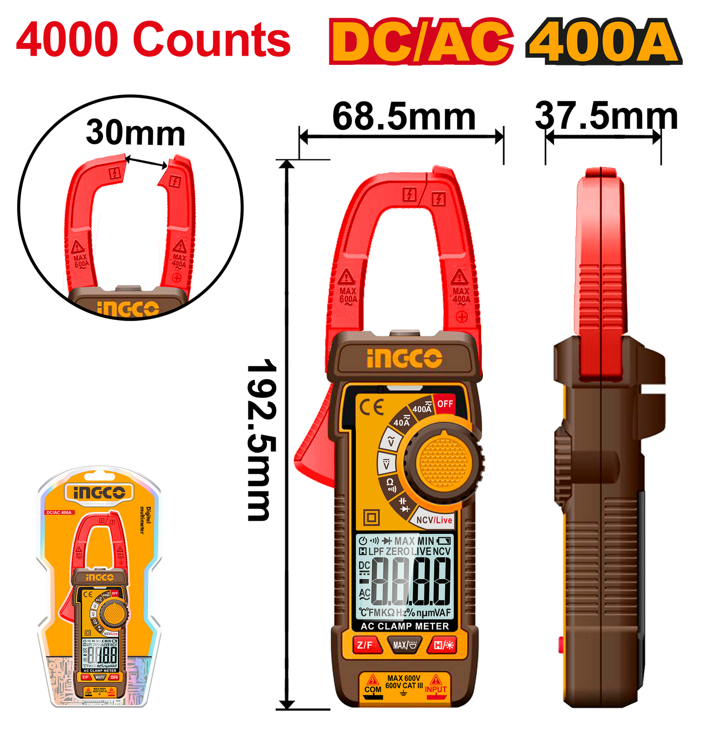 INGCO DCM62002 Digital Clamp Meter, 400A AC/DC, True RMS, 4000 Counts, LCD Backlit Display, Auto Shutdown