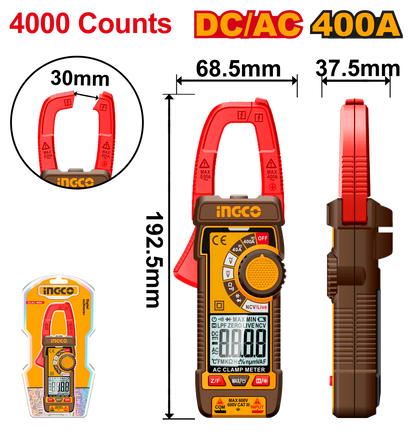 INGCO DCM62002 Digital Clamp Meter, 400A AC/DC, True RMS, 4000 Counts, LCD Backlit Display, Auto Shutdown