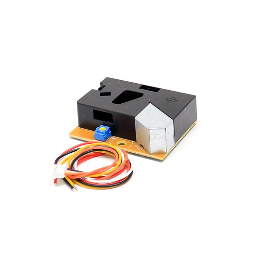 A DSM501A PM2.5 Dust Sensor Module with a black housing, a visible blue sensor, and a connecting cable with red and yellow wires.