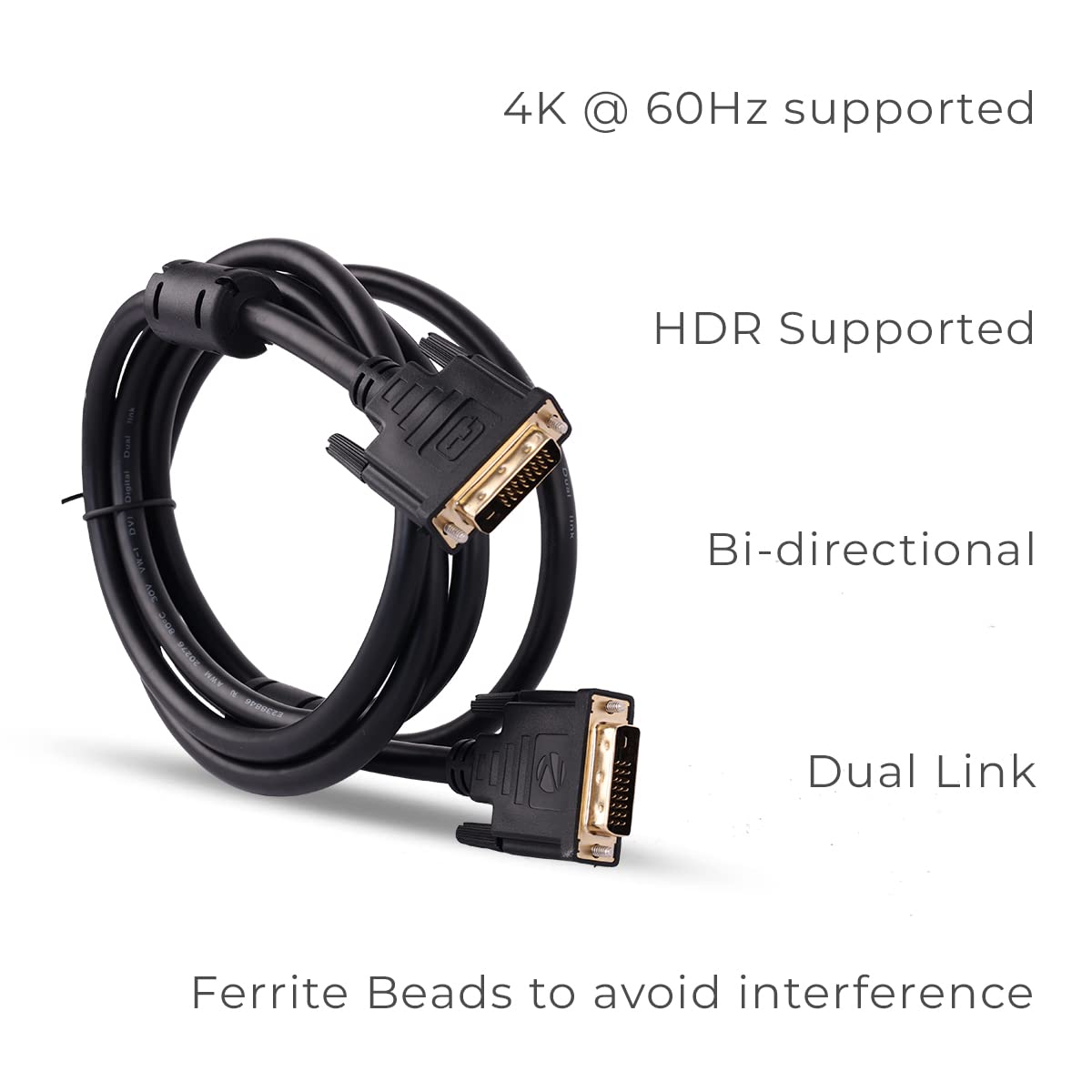 ZEBRONICS DVI20 2 Meters DVI-D Dual link cable with 4K @ 60Hz resolution support, HDR, Gold plated connectors, Bi-directional usage, Plug play, Strong and durable build quality
