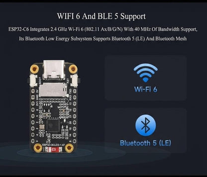 ESP32-C6 1.47inch Display Development Board, 172×320, 262K Color, Single-Core Processor 160MHz Running Frequency, Colorful RGB LED, ESP32 with Display Supports WiFi 6 & BLE