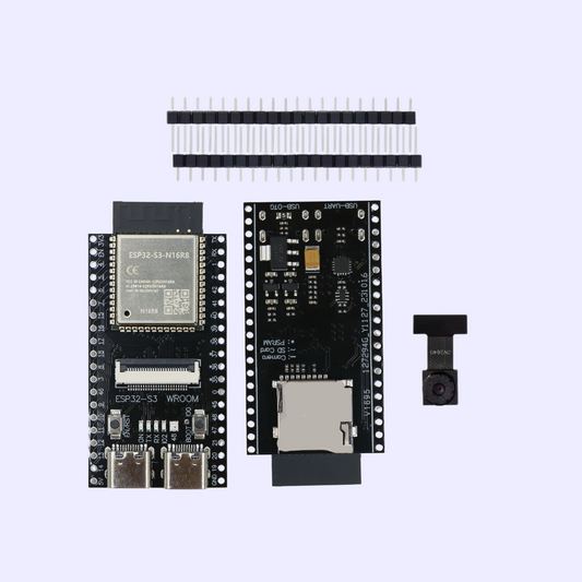 ESP32-S3 microcontroller board kit with RHYX-M21-45 connector strip and a small camera module, shown on a light lavender background with a text label at the top.