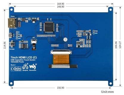 Waveshare 7" Capacitive Touch Screen LCD (C), 1024×600, HDMI, IPS, Low Power