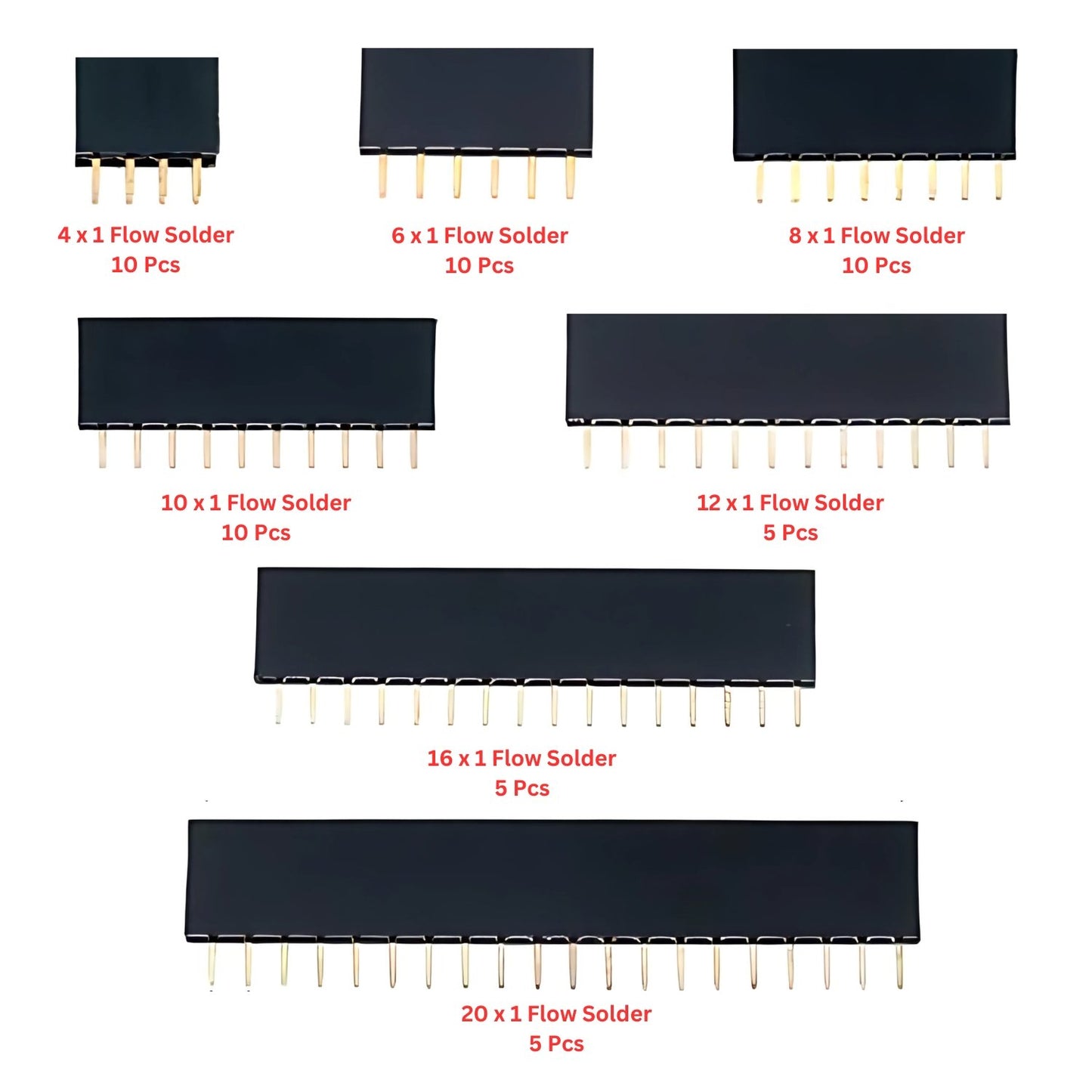 Elepak Female Header Single Row 2.54mm Pak 4 to 20 Pin 55 Pcs 7 Types