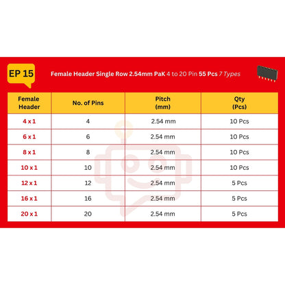 Elepak Female Header Single Row 2.54mm Pak 4 to 20 Pin 55 Pcs 7 Types