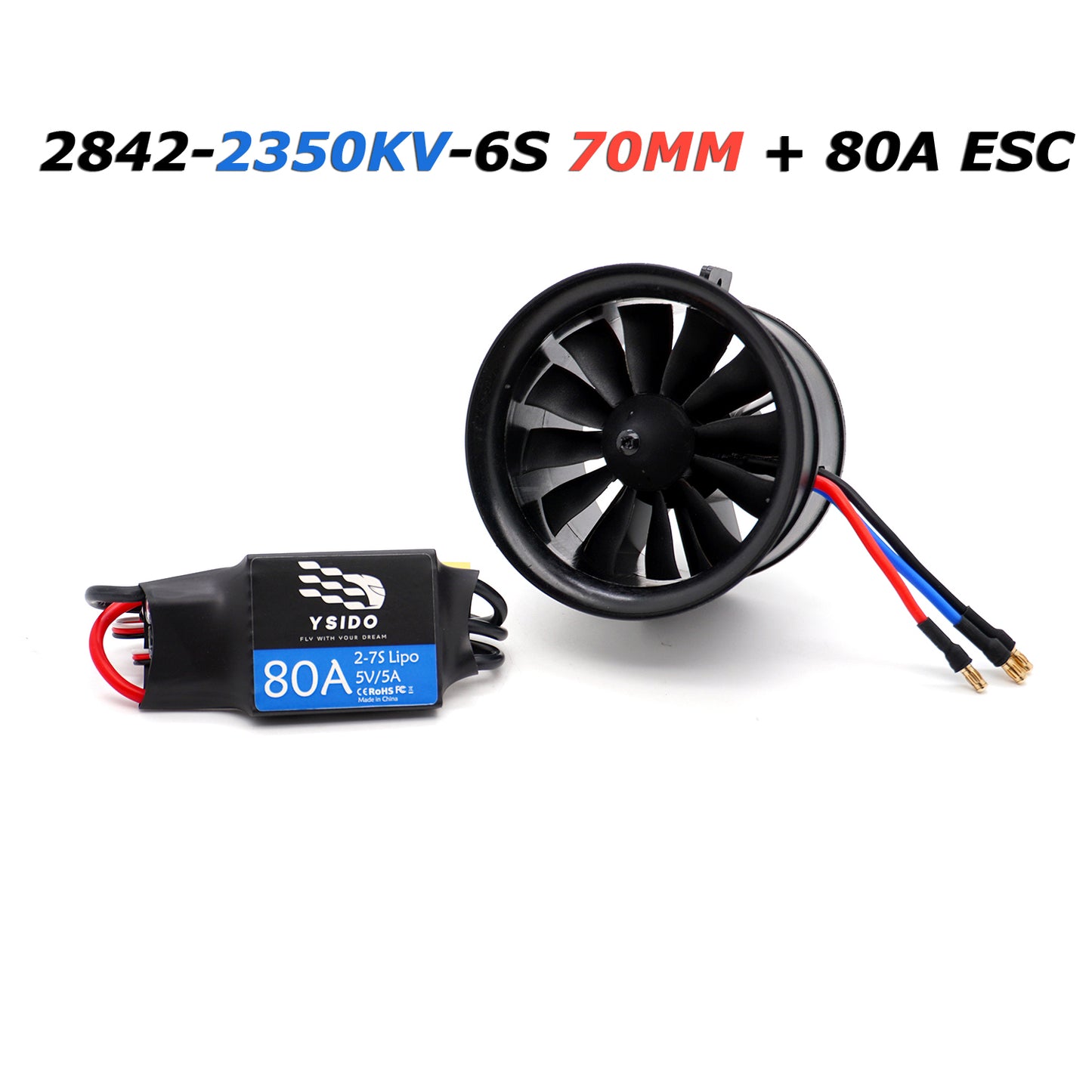 YSIDO 2842-2350kv-6s 70mm RC EDF Motor Duct Fan 12-Blades with 2S-7S 80A ESC Brushless Power for RC JET Aircraft Airplane EDF Plane Parts