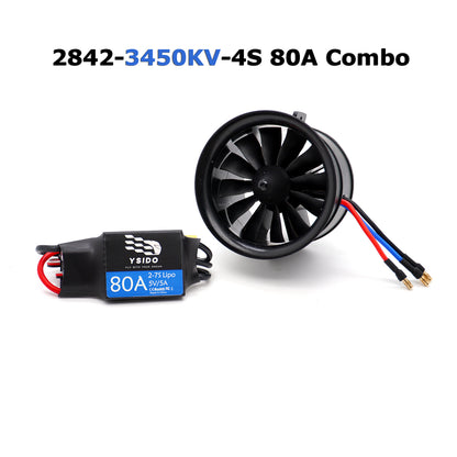 YSIDO 2842-3450kv-4s 70mm RC EDF Motor Duct Fan 12-Blades with 2S-7S 80A ESC Brushless Power for RC JET Aircraft Airplane EDF Plane Parts