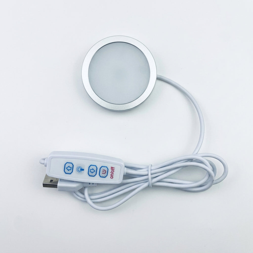 Silver USB LED puck light, 60 mm, warm white, with 3-button dimmer controller