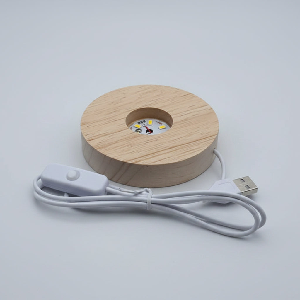 A round wooden USB LED light with a visible wood grain finish, featuring a built-in white circuit board with yellow LED chips. It is shown with its white power cable and inline switch on a plain white background.