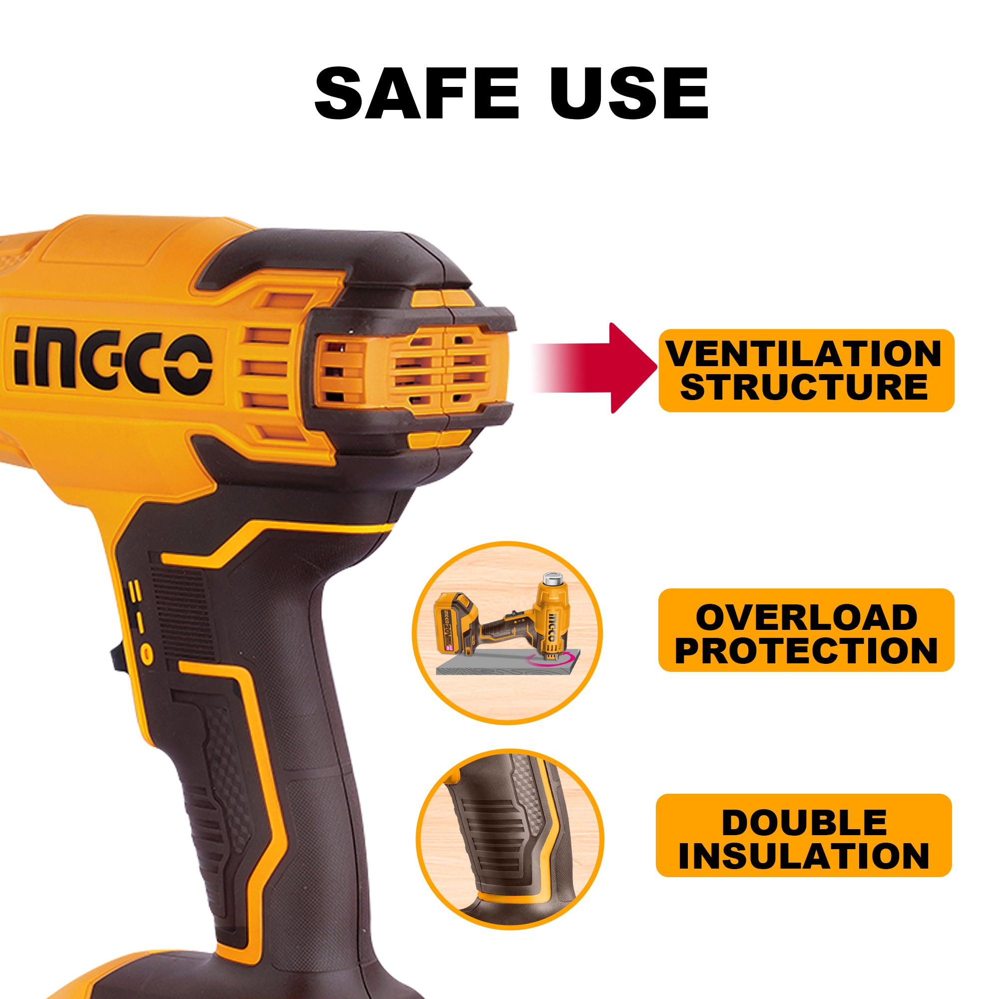 INGCO HGLI20025 20V Cordless Heat Gun With 3 PCS Nozzles, 4.0Ah Battery & Charger