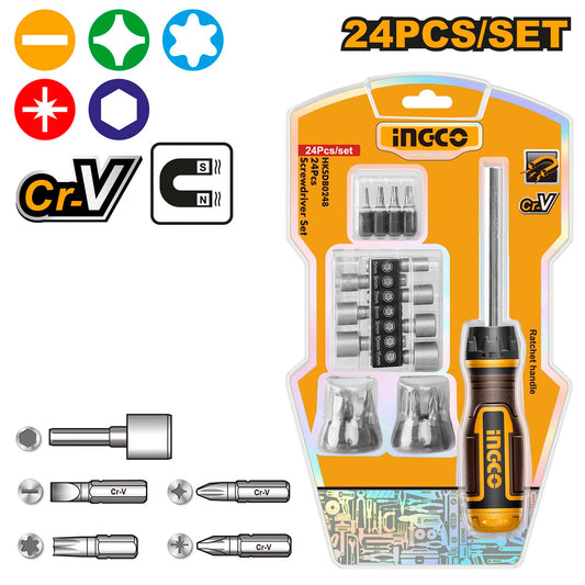 INGCO HKSDB0248 24 Pcs Screwdriver Set, Ratchet Handle, High Auality Cr.V Material, Heavy duty, High Torque Resistance Screwdriver Set