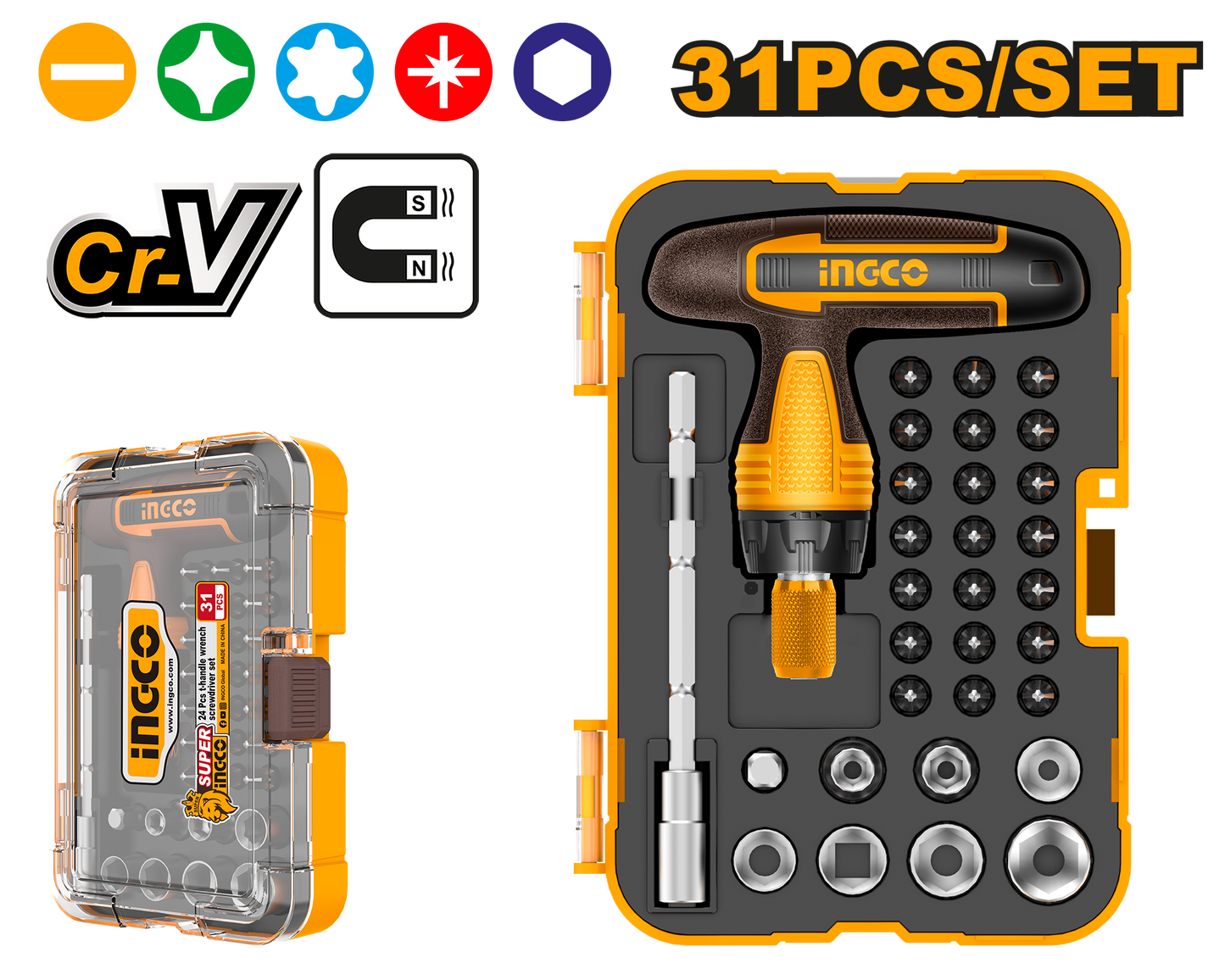INGCO HKSDB0318 31 Pcs T-handle Wrench Screwdriver and Bits Set