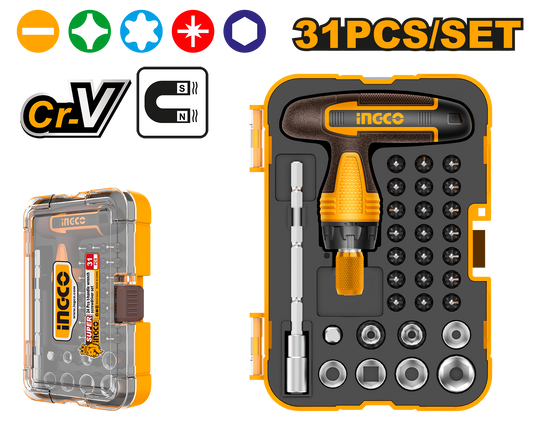 INGCO HKSDB0318 31 Pcs T-handle Wrench Screwdriver and Bits Set