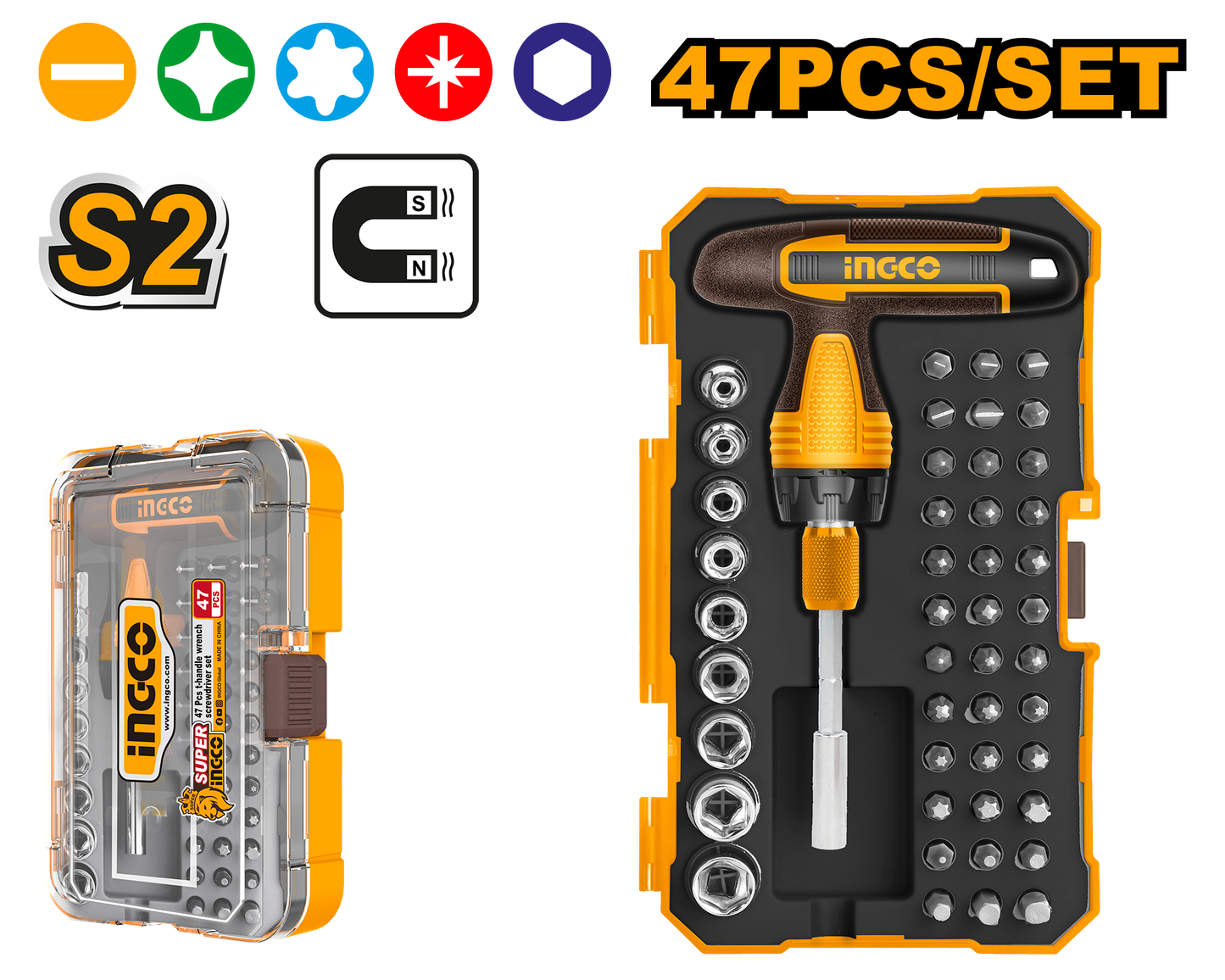 INGCO HKSDB0478 47 Pcs T-Handle Wrench Screwdriver Set